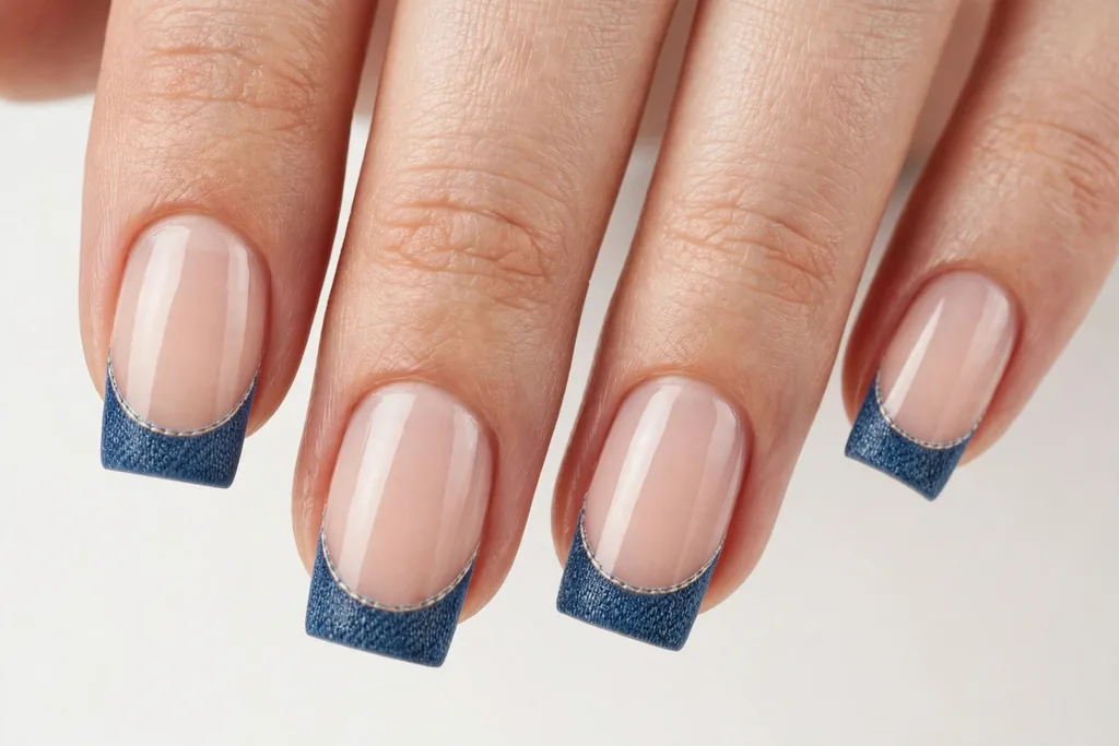 Denim Blue Fourth of July French Tip Nails Fourth of July French tip nails with denim blue tips and a fine lighter stitch line along the smile line on a sheer nude base, shown on medium square nails.