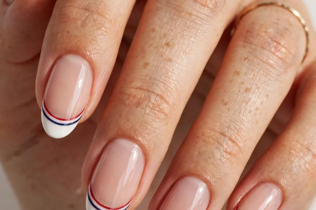 Double-Line Patriotic Fourth of July French Tip Nails Fourth of July French tip nails with white tips edged by thin red and navy double lines on a sheer nude base, shown on medium almond nails.