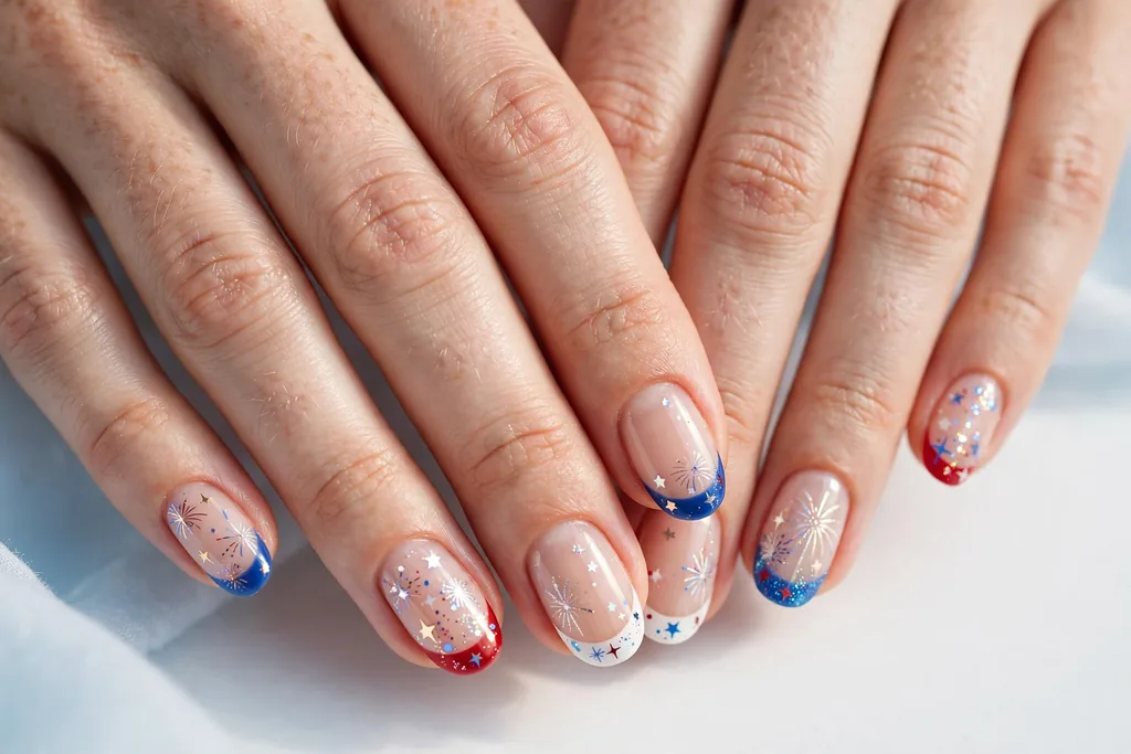 Fourth of July French tip nails with red, white and blue tips, tiny stars and glitter fireworks art on a sheer nude base, shown on a woman's hands against a white and light blue background.
