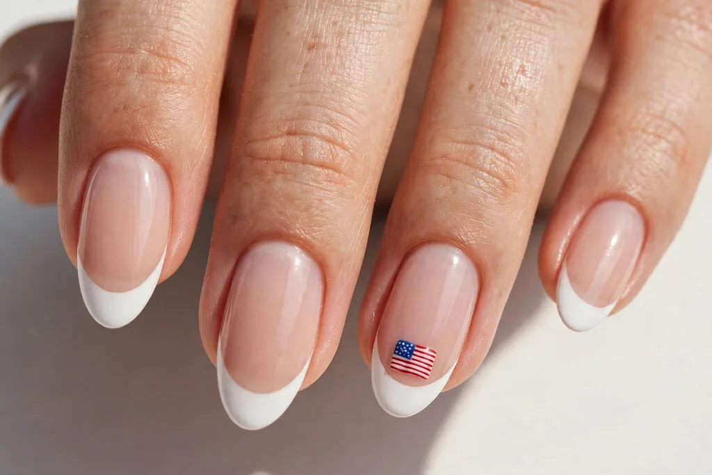 Flag Accent Fourth of July French Tip Nails Fourth of July French tip nails with classic white tips and one accent nail painted with a small American flag design, shown on medium almond nails with a sheer nude base.