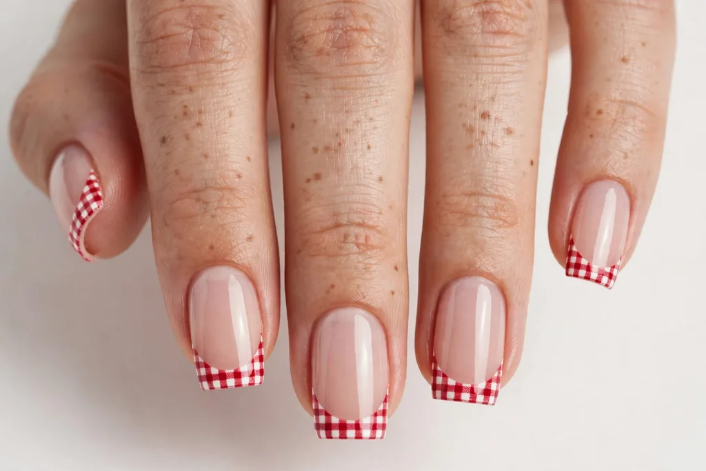 Gingham Fourth of July French Tip Nails Fourth of July French tip nails with red and white gingham check tips on a sheer nude base, shown on medium square nails.