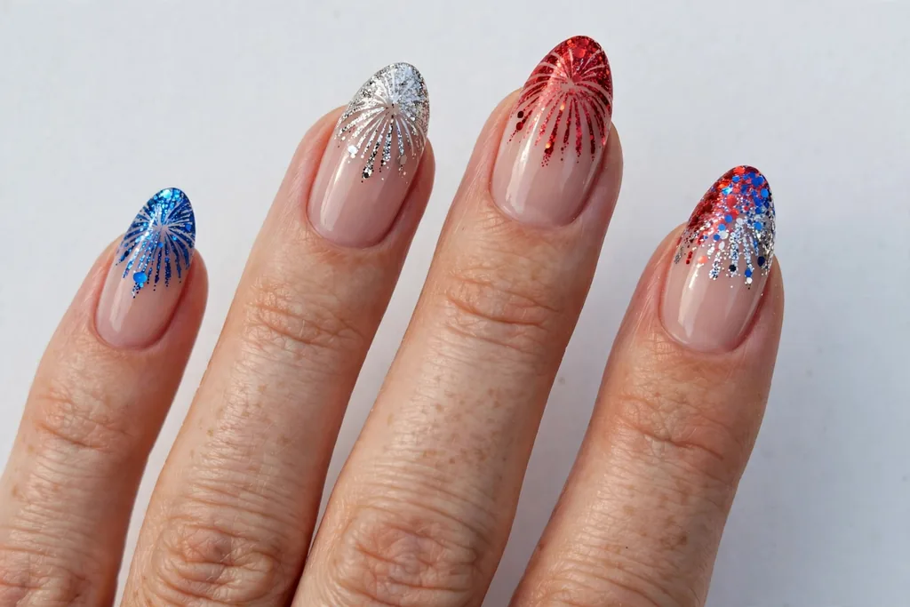 Fireworks Glitter Fourth of July French Tip Nails Fourth of July French tip nails with red, silver, and blue glitter tips bursting like fireworks on a sheer nude base, shown on medium almond nails.