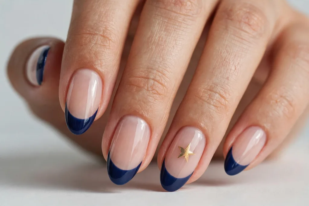 Gold Star Accent Fourth of July French Tip Nails Fourth of July French tip nails with navy blue tips and one gold star accent nail, shown on medium almond nails with a sheer nude base.