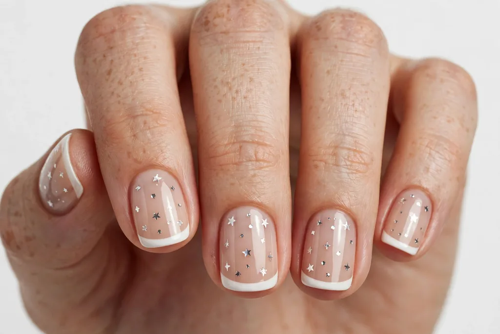 Micro Star Fourth of July French Tip Nails Fourth of July French tip nails with classic white tips and tiny silver micro stars scattered across a sheer nude base, shown on short squoval nails.