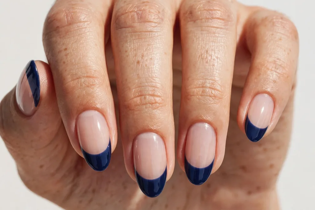 Navy Blue Fourth of July French Tip Nails Fourth of July French tip nails with deep navy blue glossy tips on a sheer nude base, shown on medium almond nails.