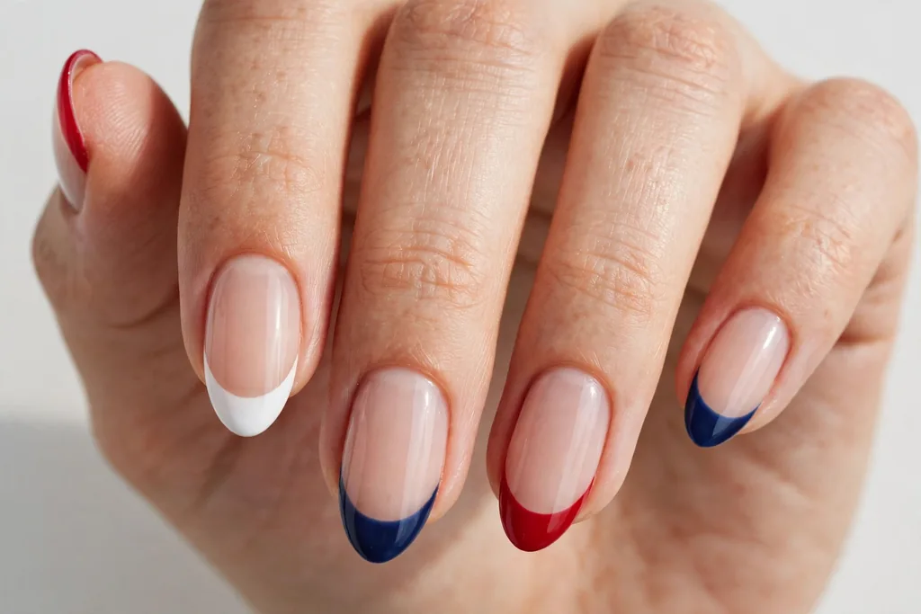 Red, White and Blue Mix-and-Match Fourth of July French Tips Fourth of July French tip nails with a different patriotic tip color on each nail, including red, white, and navy blue, on a sheer nude base, shown on medium almond nails.