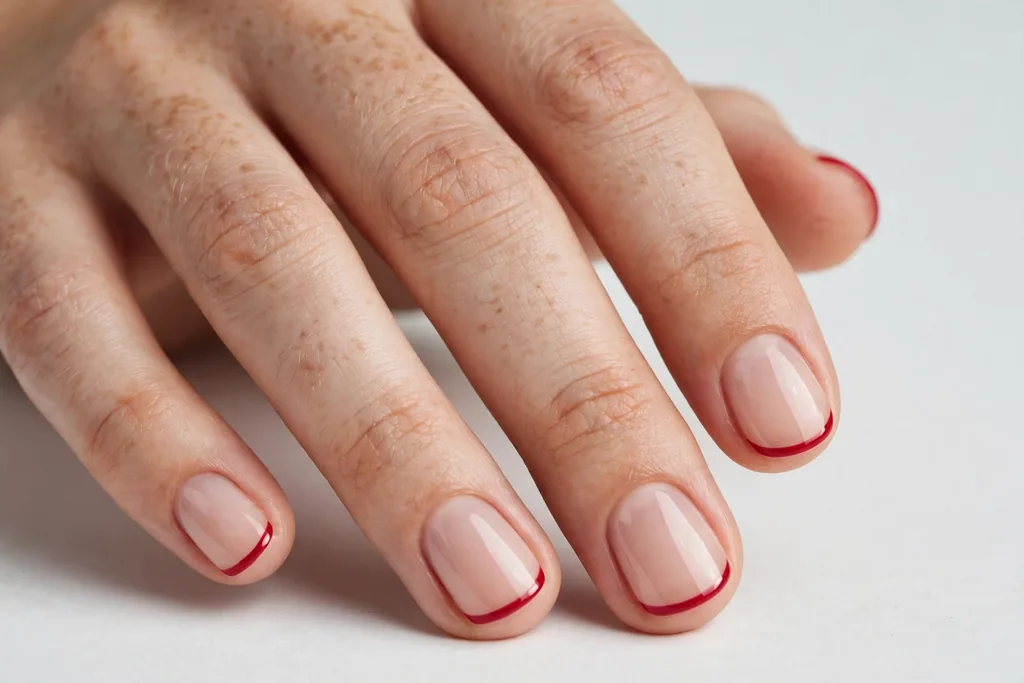 Short Picnic-Ready Fourth of July French Tip Nails Short Fourth of July French tip nails with thin red tips on a sheer nude base, shown on short round nails.