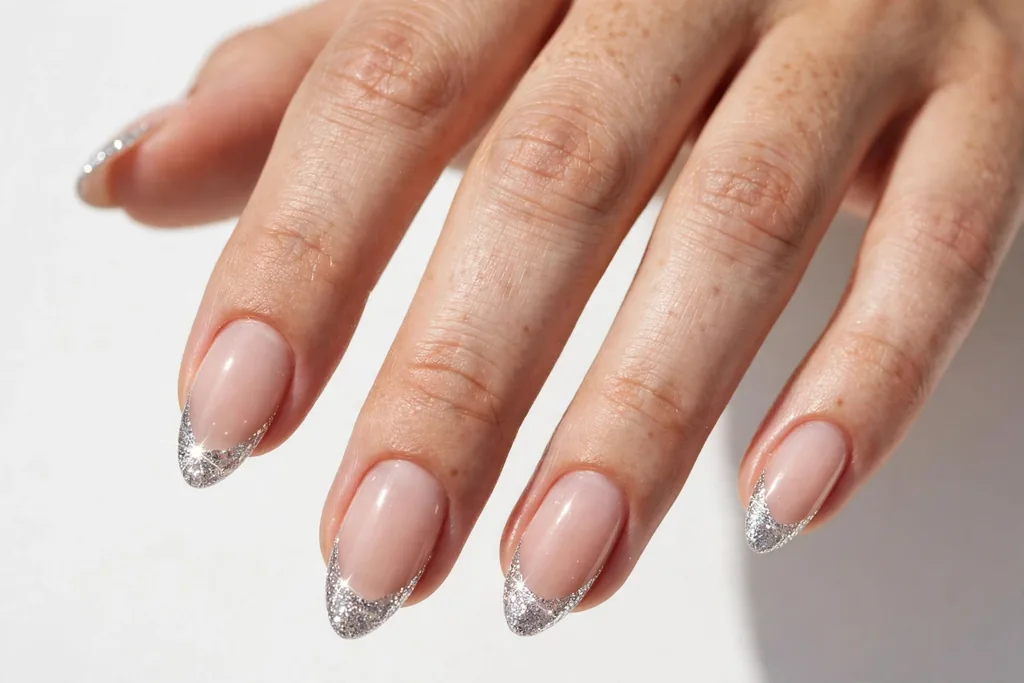 Silver Sparkle Fourth of July French Tip Nails Fourth of July French tip nails with silver sparkle glitter tips on a sheer nude base, shown on medium almond nails.