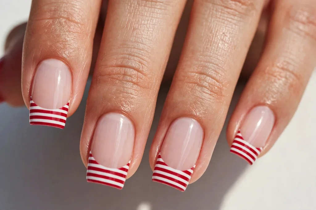 Striped Fourth of July French Tip Nails Fourth of July French tip nails with red and white striped tips on a sheer nude base, shown on medium square nails.
