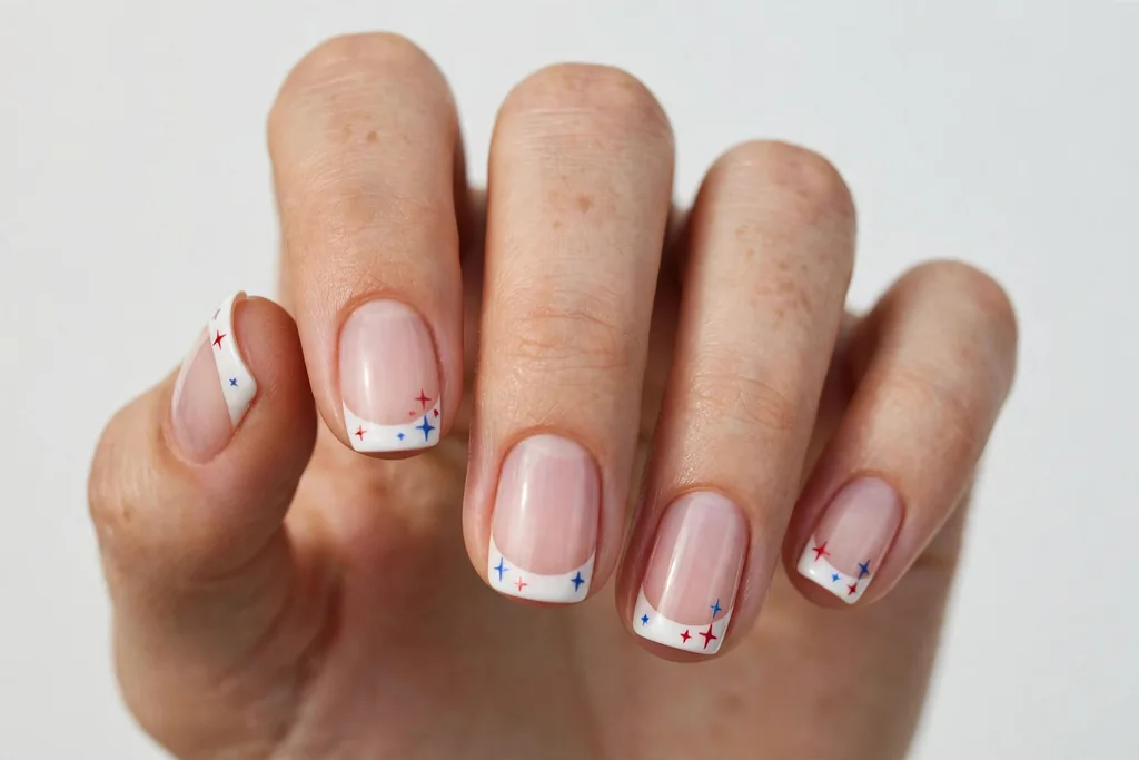 White Fourth of July French Tips with Star Accents Fourth of July French tip nails with white tips and tiny red and blue star accents on a sheer pink base, shown on short squoval nails.