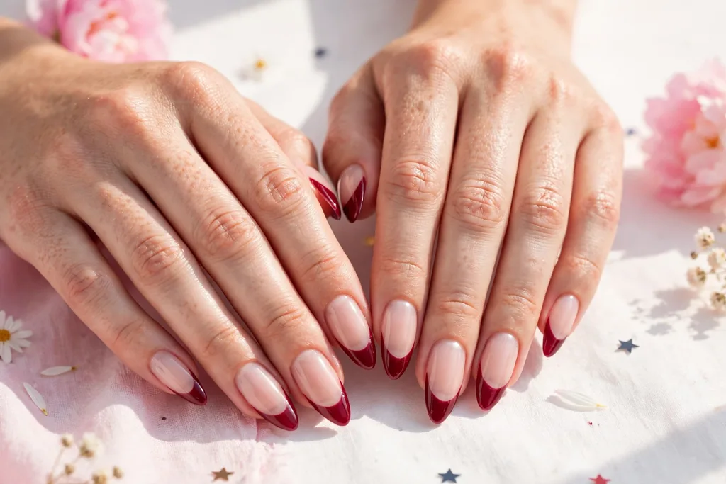 Fourth of July weekend French tip nails with deep berry red glossy tips on a sheer nude base, shown on long almond nails.