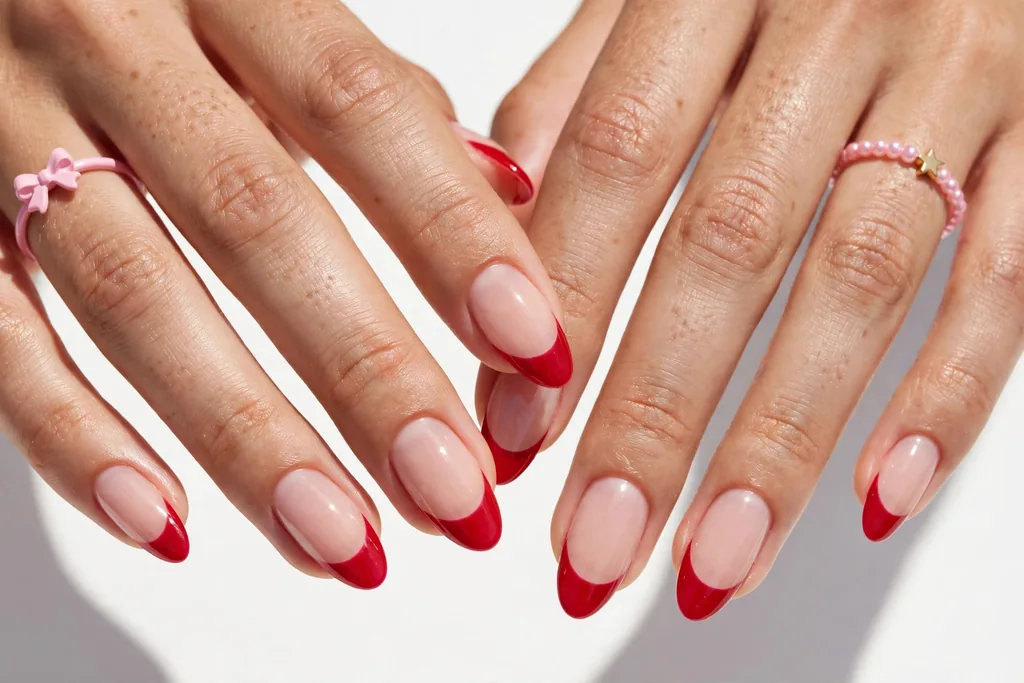 Fourth of July weekend French tip nails with bright cherry red glossy tips on a sheer nude base, shown on medium almond nails.