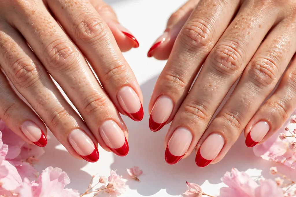 Fourth of July weekend French tip nails with classic red glossy tips on a sheer nude base, shown on medium almond nails.