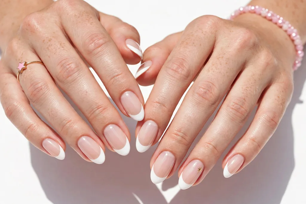 Fourth of July weekend French tip nails with crisp white glossy tips on a sheer nude base, shown on medium almond nails.