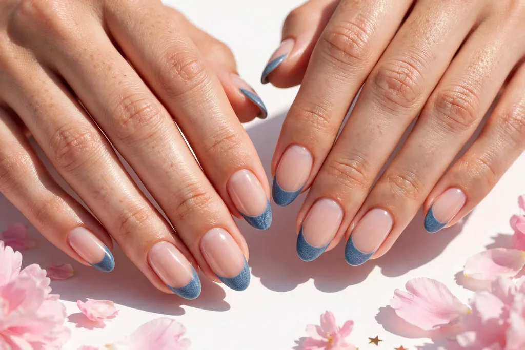 Fourth of July weekend French tip nails with dusty denim blue tips on a sheer nude base, shown on medium almond nails.