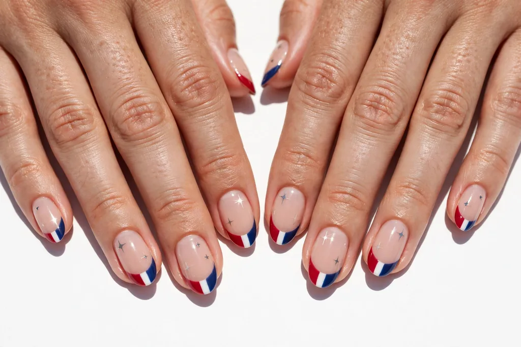 Fourth of July weekend French tip nails with red, white, and navy blue tips and tiny silver star accents on a sheer nude base, shown on a woman's hands against a white background in bright summer light.