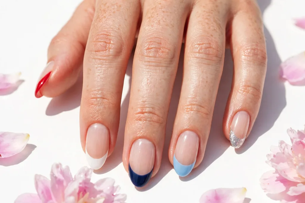 Fourth of July weekend French tip nails with a different patriotic tip color on each nail, including red, white, navy, sky blue, and silver glitter, on a sheer nude base, shown on medium almond nails.