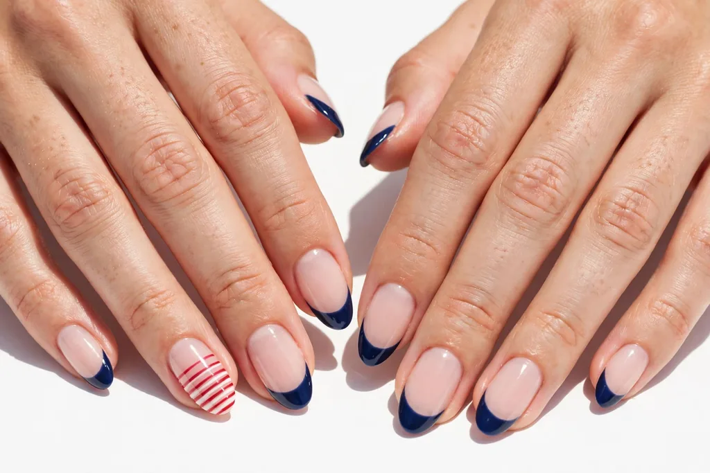 Fourth of July weekend French tip nails with navy blue tips and one accent nail with thin red and white flag stripes on a sheer nude base, shown on medium almond nails.