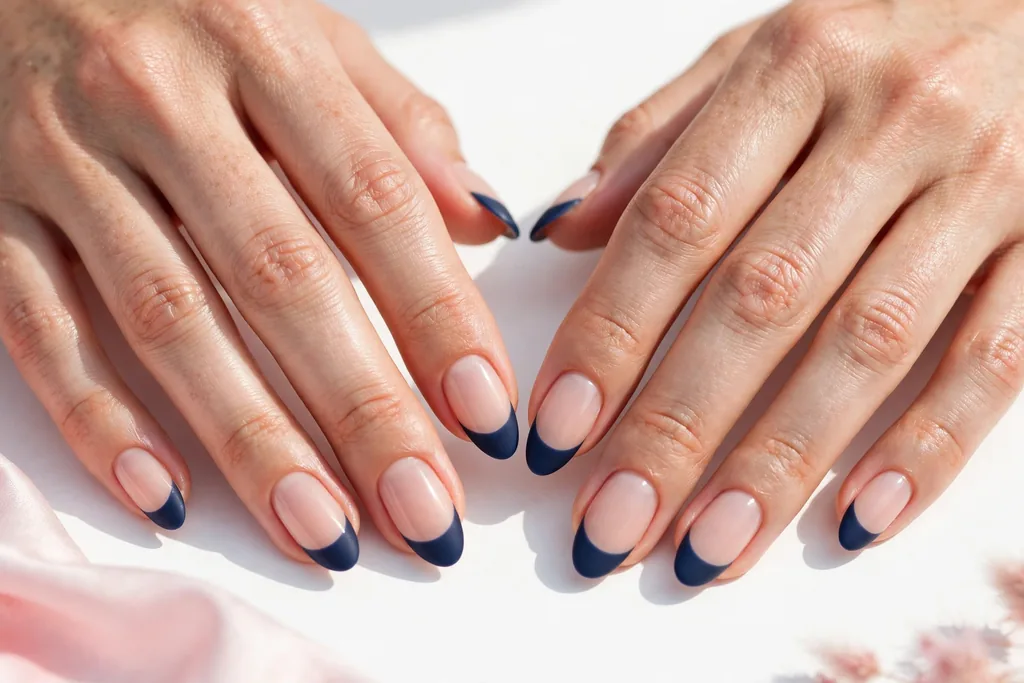 Fourth of July weekend French tip nails with matte navy blue tips on a soft sheer nude base, shown on medium almond nails.