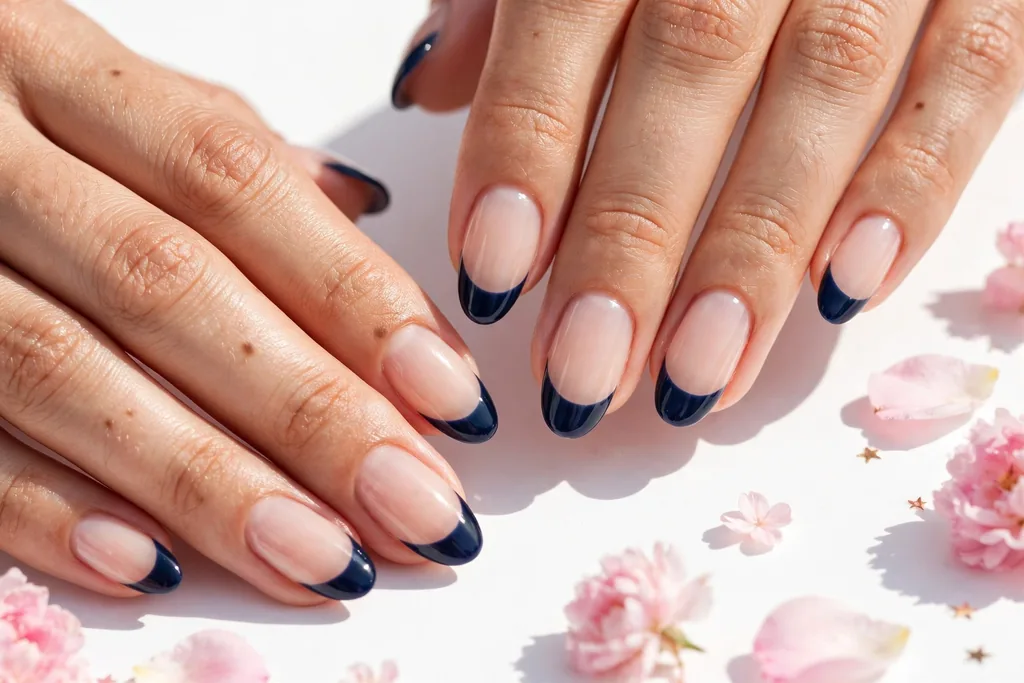 Fourth of July weekend French tip nails with navy blue glossy tips on a sheer nude base, shown on medium almond nails.