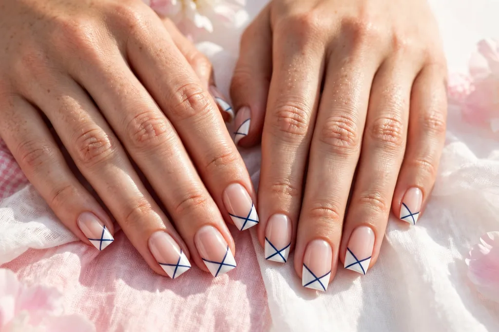 Fourth of July weekend French tip nails with white tips crossed by two thin navy pinstripe lines on a sheer nude base, shown on medium square nails.