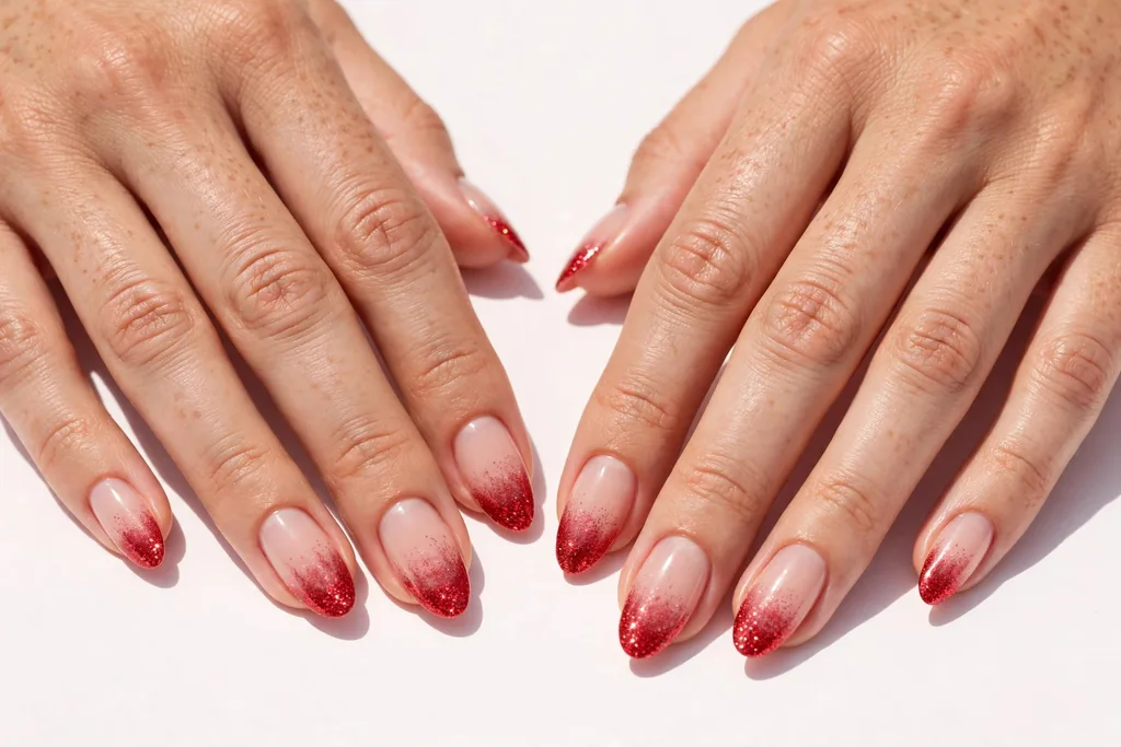 Fourth of July weekend French tip nails with red glitter tips fading into a sheer nude base, shown on medium almond nails.