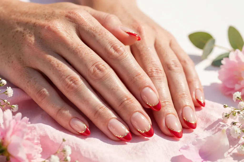 Fourth of July weekend French tip nails with red tips and fine gold sparkle along the smile line on a sheer nude base, shown on medium almond nails.
