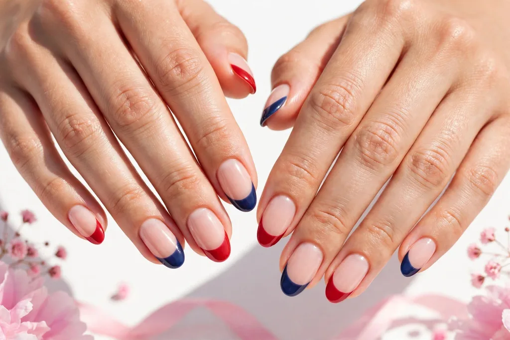 Fourth of July weekend French tip nails alternating red and navy blue tips on a sheer nude base, shown on medium almond nails.