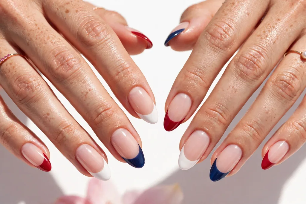 Fourth of July weekend French tip nails alternating red, white, and navy blue tips on a sheer nude base, shown on medium almond nails.