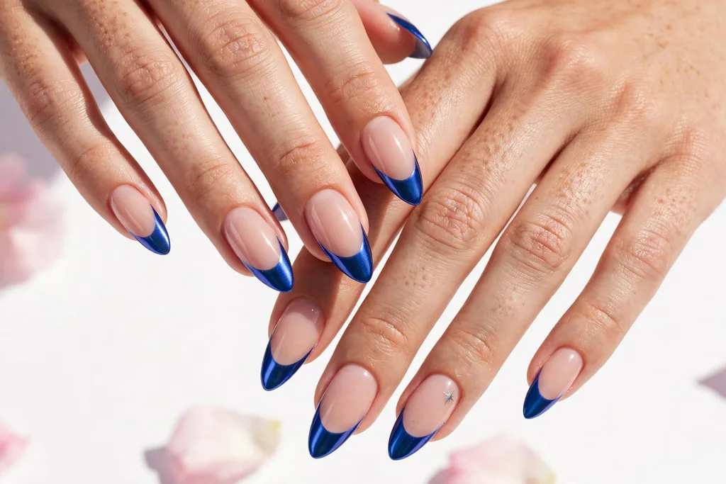 Fourth of July weekend French tip nails with royal blue chrome mirror tips on a sheer nude base, shown on long almond nails.