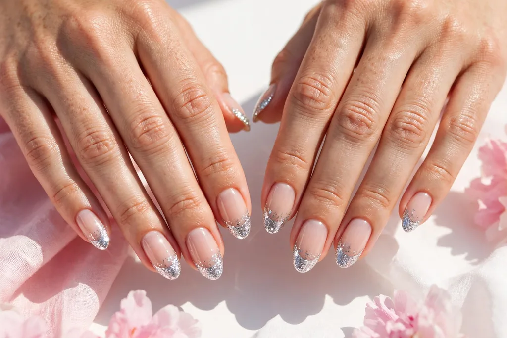 Fourth of July weekend French tip nails with dense silver glitter tips on a sheer nude base, shown on medium almond nails.