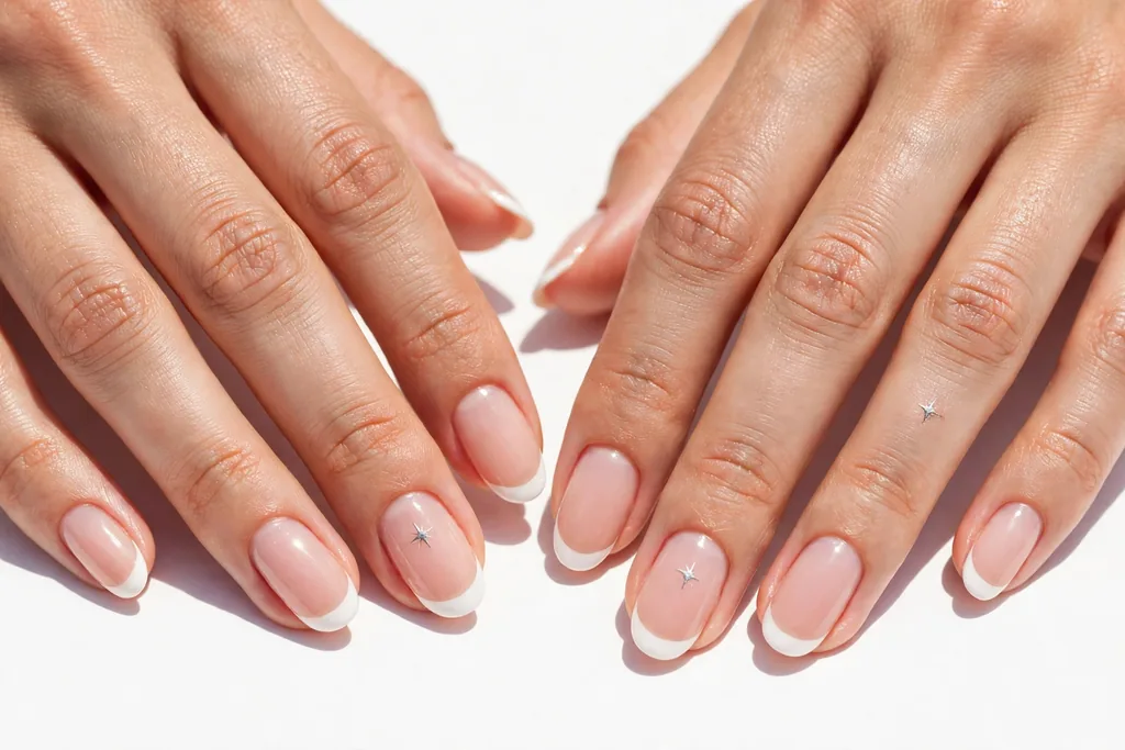 Fourth of July weekend French tip nails with white tips and one tiny silver star painted on each ring finger accent nail, shown on medium almond nails with a sheer nude base.