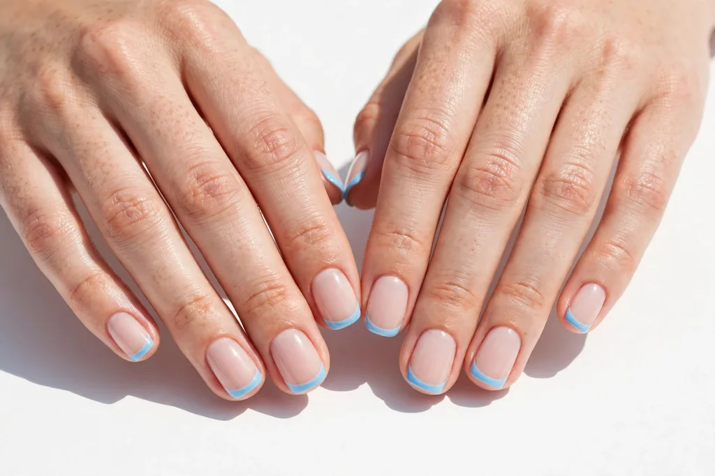 Fourth of July weekend French tip nails with sky blue tips on a milky nude base, shown on short squoval nails.