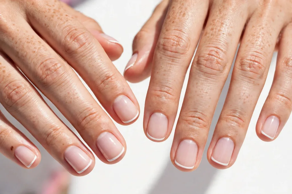 Fourth of July weekend French tip nails with an ultra-thin white micro line along the tip edge on a clear sheer base, shown on short squoval nails.