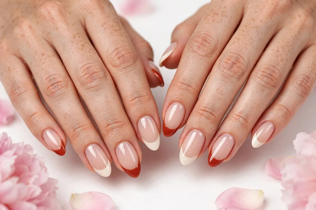 Best Friend Two-Tone Friendsgiving French Tip Nails Friendsgiving French tip nails alternating rust red and cream tips on a sheer nude base, shown on medium almond nails.