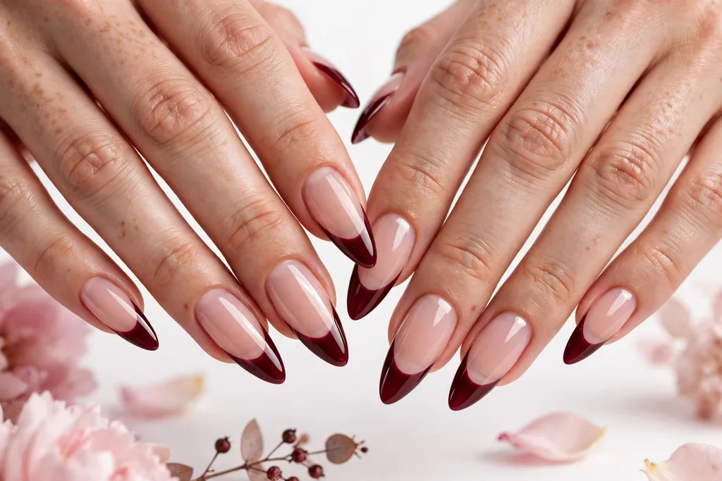 Burgundy Wine Friendsgiving French Tip Nails Friendsgiving French tip nails with burgundy wine glossy tips on a sheer nude base, shown on long almond nails.