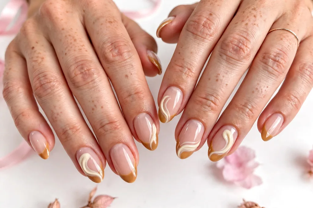 Caramel Latte Swirl Friendsgiving French Tip Nails Friendsgiving French tip nails with warm caramel tips with a soft cream swirl on a sheer nude base, shown on medium almond nails.