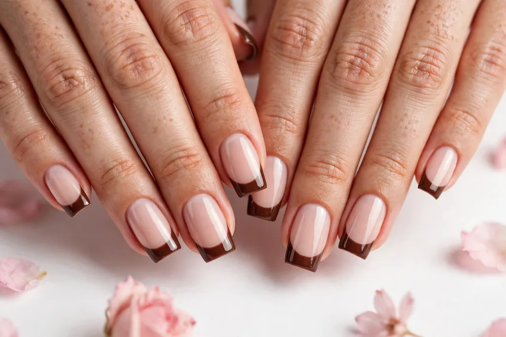 Chocolate Brown Friendsgiving French Tip Nails Friendsgiving French tip nails with chocolate brown glossy tips on a milky nude base, shown on medium square nails.