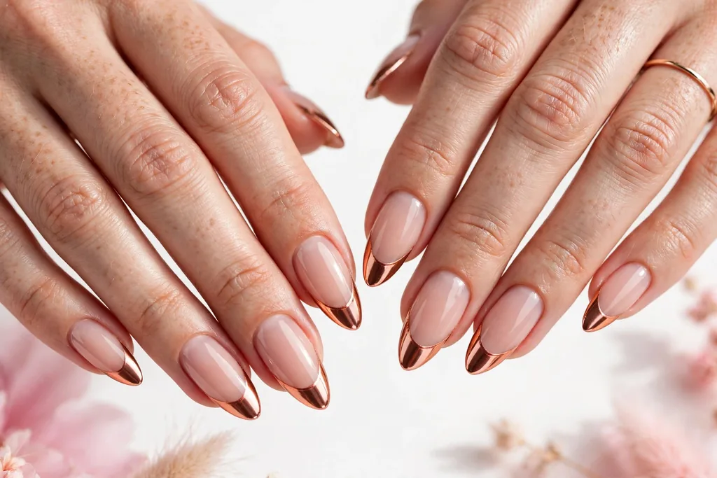 Copper Chrome Friendsgiving French Tip Nails Friendsgiving French tip nails with copper chrome mirror tips on a sheer nude base, shown on long almond nails.