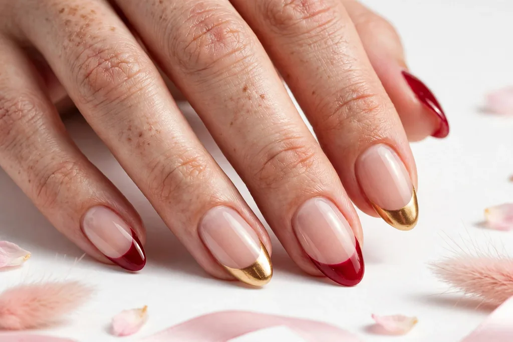 Cranberry and Gold Friendsgiving French Tip Nails Friendsgiving French tip nails alternating cranberry red and metallic gold tips on a sheer nude base, shown on medium almond nails.