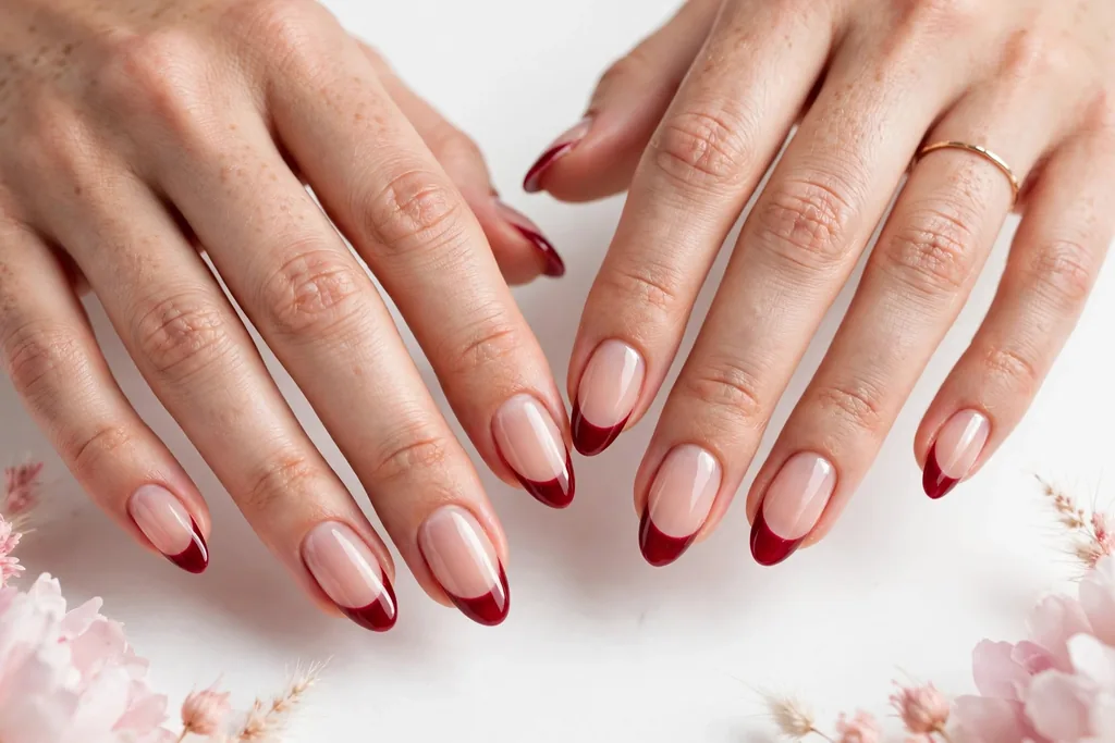 Cranberry Friendsgiving French Tip Nails Friendsgiving French tip nails with cranberry red glossy tips on a sheer nude base, shown on medium almond nails.