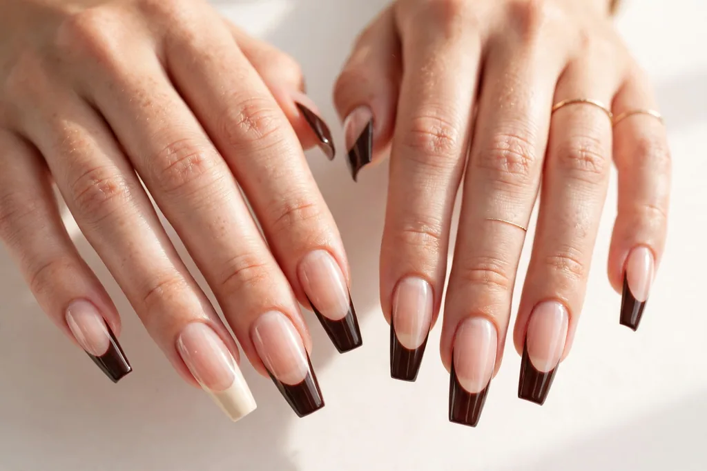 Espresso and Cream Friendsgiving French Tip Nails Friendsgiving French tip nails with deep espresso brown tips and one cream accent tip on a sheer nude base, shown on long coffin nails.