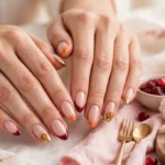 Friendsgiving French tip nails in pumpkin orange, cranberry, and gold with a tiny pie accent on a sheer nude base, shown on a woman's hands against a warm white background beside a potluck table setting.