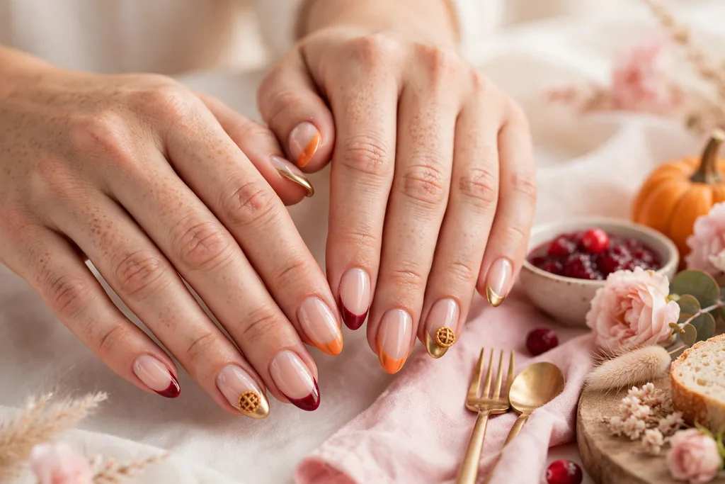 Friendsgiving French tip nails in pumpkin orange, cranberry, and gold with a tiny pie accent on a sheer nude base, shown on a woman's hands against a warm white background beside a potluck table setting.