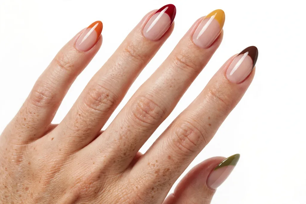 Five Friends Five Shades Friendsgiving French Tip Nails Friendsgiving French tip nails with a different fall tip color on each nail, including pumpkin orange, cranberry, mustard, chocolate, and olive, on a sheer nude base, shown on medium almond nails.
