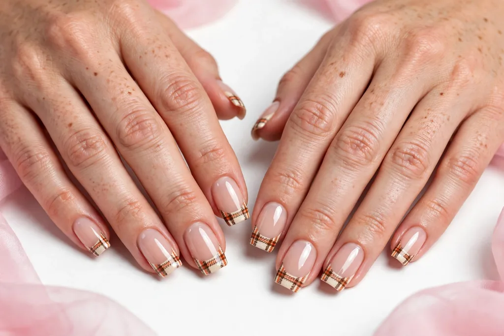 Flannel Plaid Friendsgiving French Tip Nails Friendsgiving French tip nails with plaid tips in cream, rust, and brown lines on a sheer nude base, shown on medium square nails.
