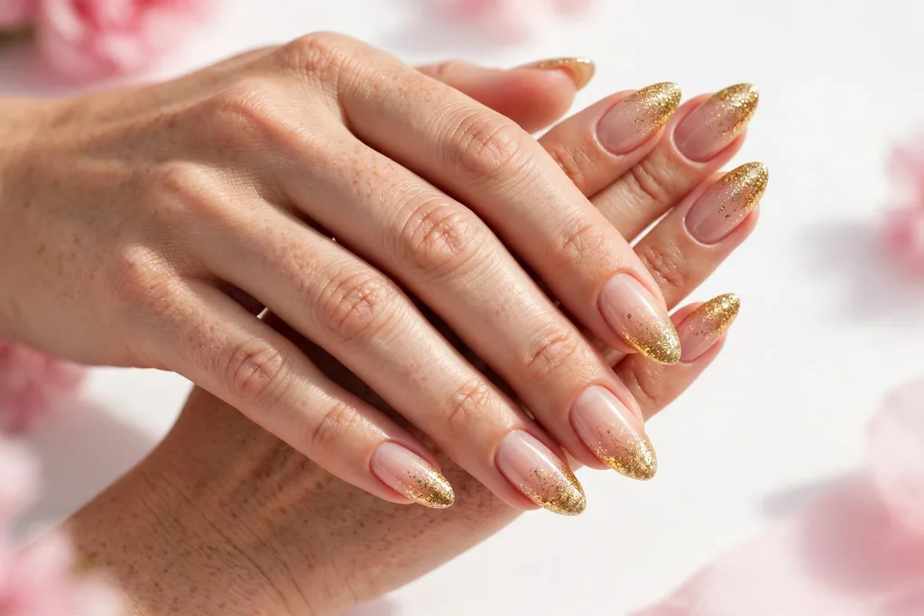 Gold Glitter Fade Friendsgiving French Tip Nails Friendsgiving French tip nails with gold glitter tips fading into a sheer nude base, shown on medium almond nails.