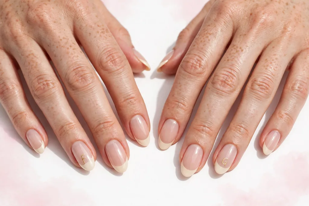 Initial Accent Friendsgiving French Tip Nails Friendsgiving French tip nails with cream tips and one tiny gold initial letter painted on each ring finger accent nail, shown on medium almond nails with a sheer nude base.