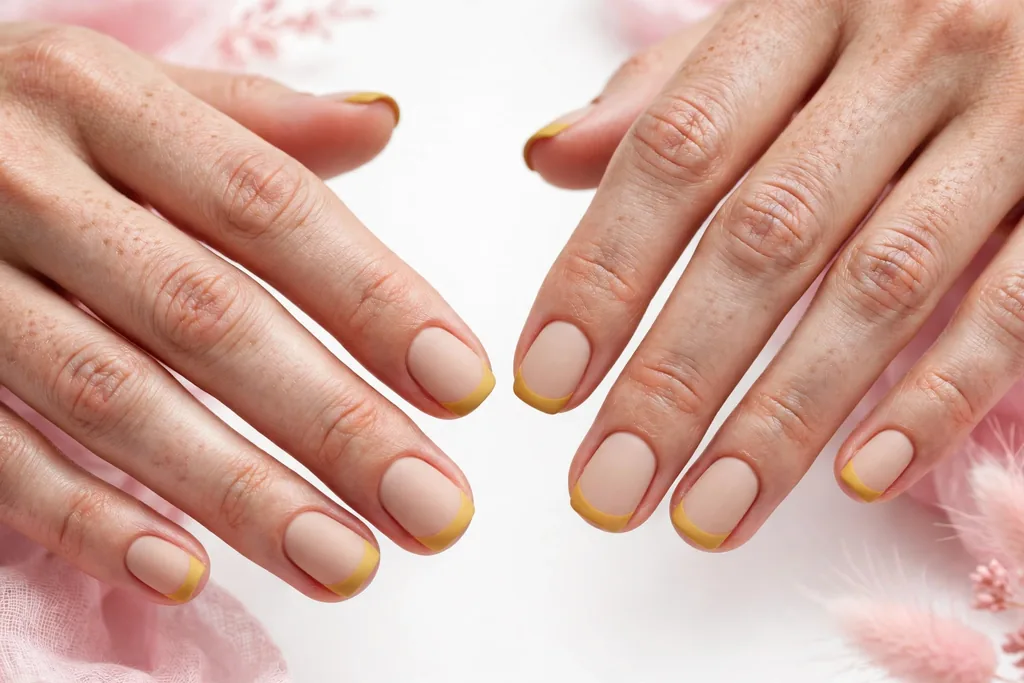 Matte Mustard Friendsgiving French Tip Nails Friendsgiving French tip nails with matte mustard yellow tips on a soft matte nude base, shown on short squoval nails.