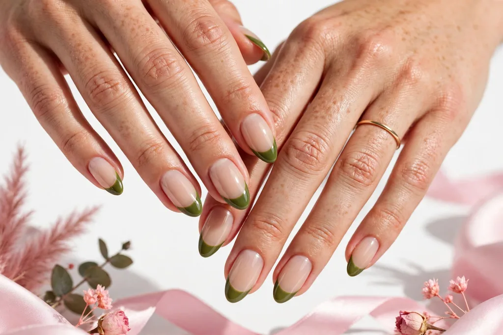 Olive Green Friendsgiving French Tip Nails Friendsgiving French tip nails with olive green tips on a sheer nude base, shown on medium almond nails.